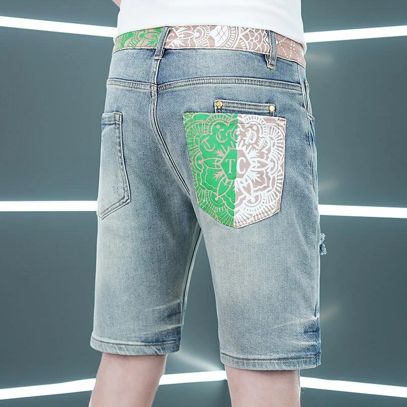

2026 Vintage Printed Thin Denim Shorts with Holes for Men, Casual Streetwear Knee-Length Pants for Summer