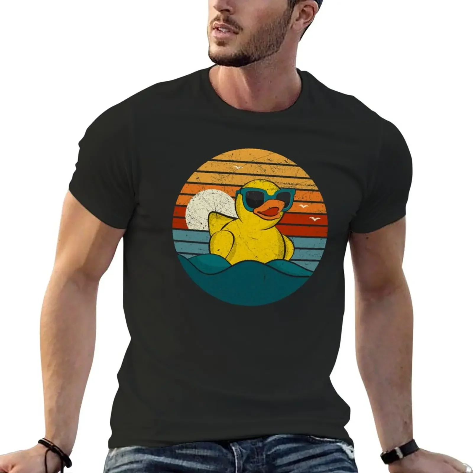 New Vintage Retro Sunset Art Of Zoo Cute Yellow Rubber Duckling Bath Toy Rubber Duck Ducky T-Shirt