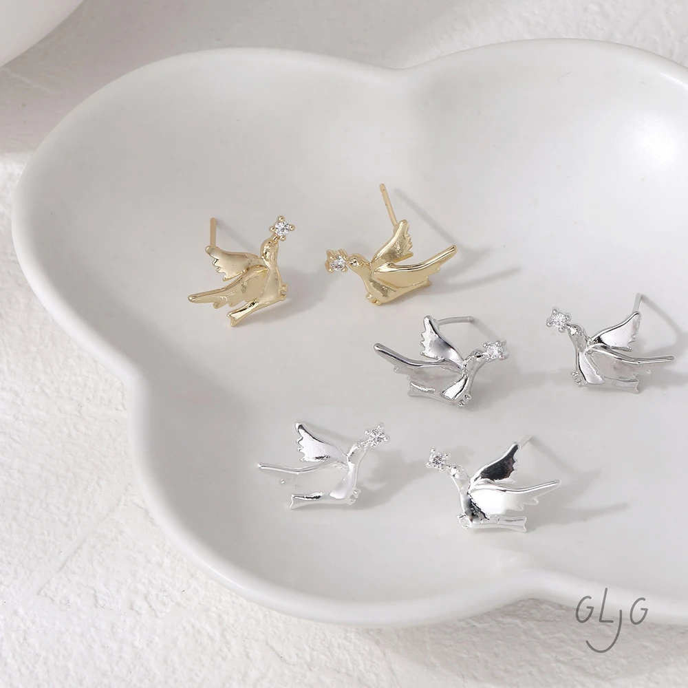 2Pair 14K Gold Plated Delicate Zircon Inlaid Bird Pigeon Studs Earrings Jewelry DIY Making Supplies Findings Accessories