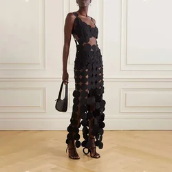 Sexy Hollow Out Dresses Slim U-shaped Collar Sleeveless Off Shoulder Backless Solid Long Skirts Elegant Style High Waist Dresses