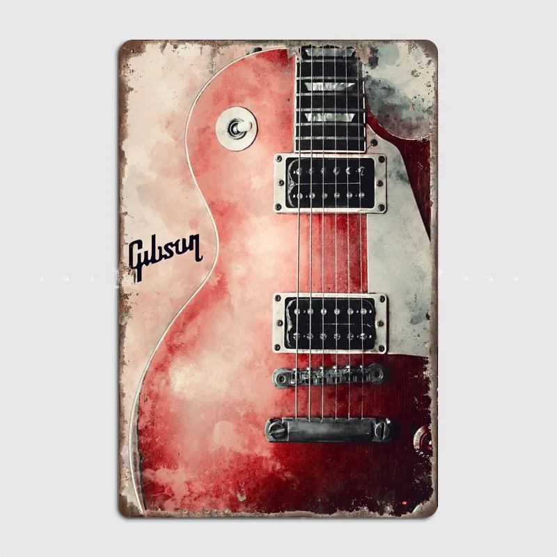 Red Watercolor Gibson  Metal Plaque Pub Painting Wall Mural Printed Sign Tin Sign Poster