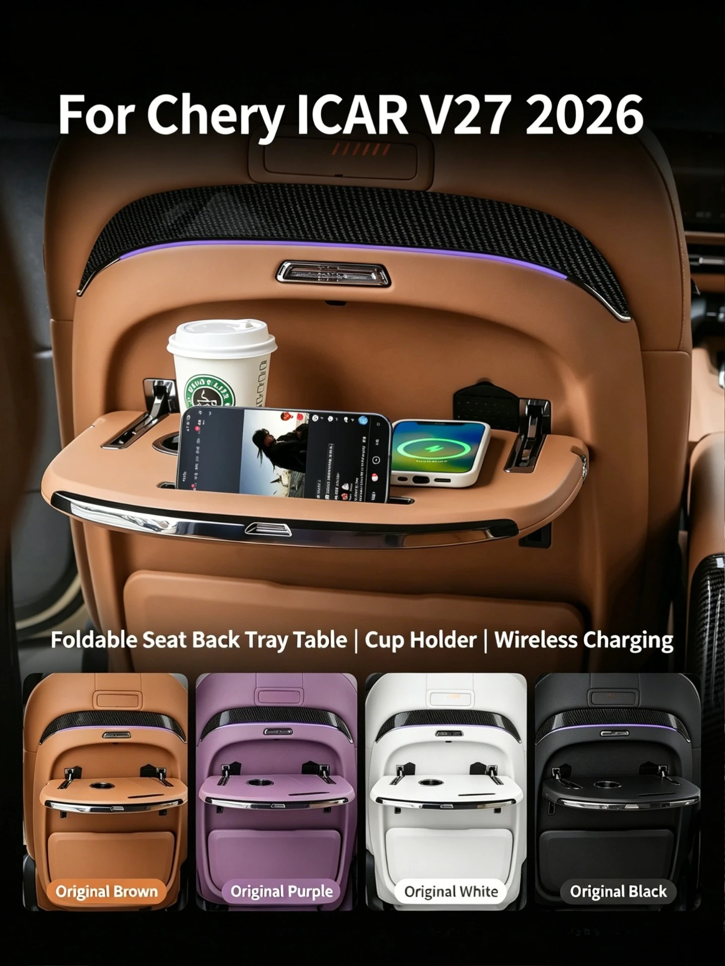 Car Tray Table For Chery ICAR V27 2026 Multifunction Seat Back Small Table Wireless Charging&Ambient Light Foldable Table Board