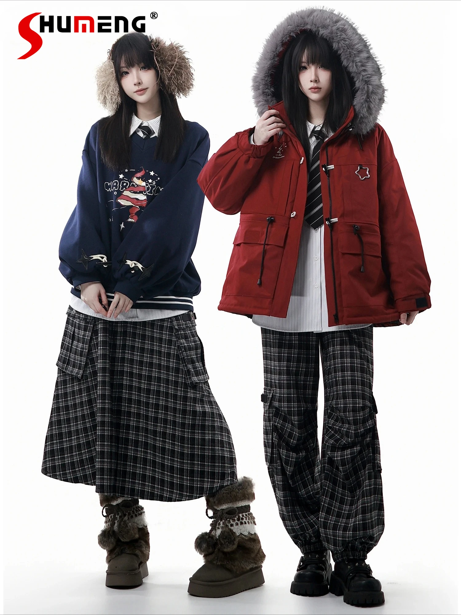 

College Style Sweet Cool Fashion Pant Sets Autumn Winter New Student Y2K Hooded Jacket Plaid Pants Skirt Long Sleeve Shirt Set