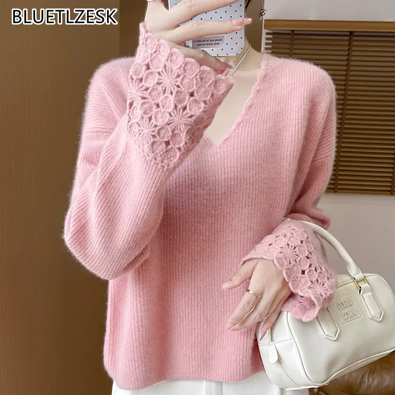 Autumn Winter New Cashmere Sweater High Quality Women's Clothing Soft Comfortable V-neck Tops Fashion Korean Large Knit Pullover