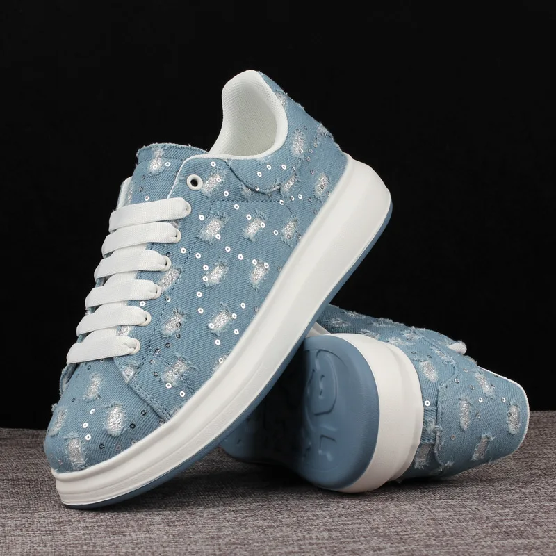 Spring New Women Platform Sneakers Fashion Sequin Denim Vulcanized Shoes Non-slip Thick Sole Sports Shoes Low Top Casual Shoes