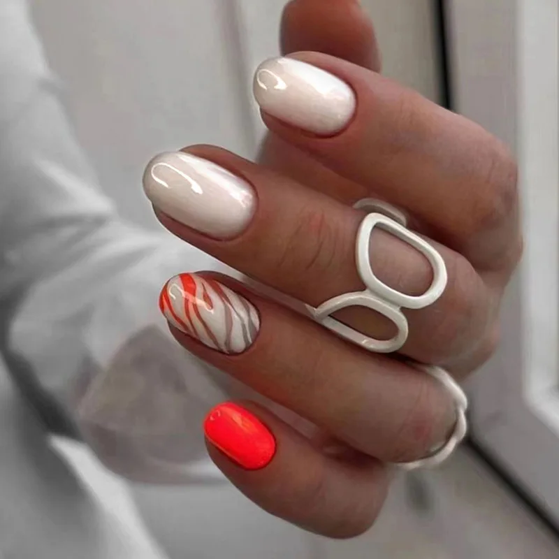 

24pcs Creamy Orange Press-On Nails - Tiger Stripe & Leopard Print Short Oval Animal Chic Style False Nail For Women Girl