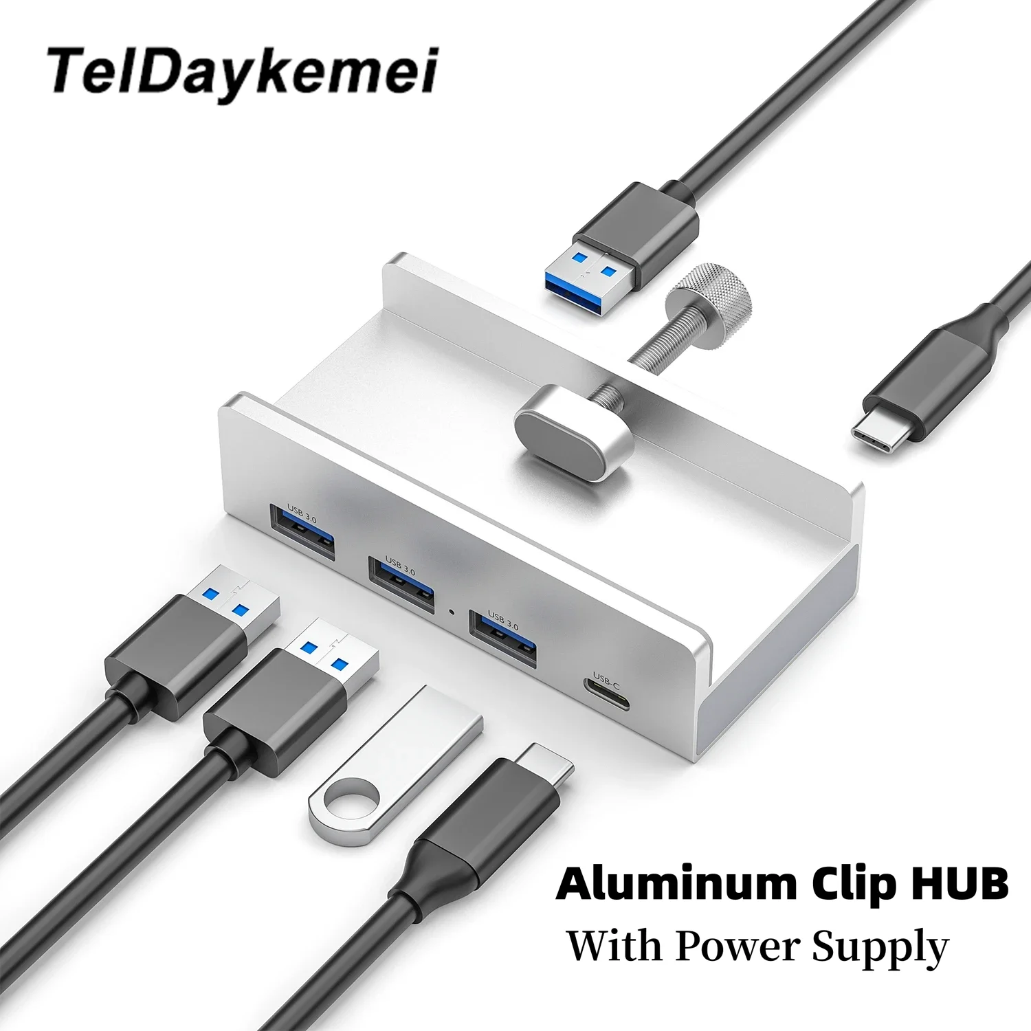 Aluminum USB 3.0 HUB with Power Multiple Extend Dock Supply USB3.0 Splitter Adapter Clip-type Multi Splitter for Laptop PC