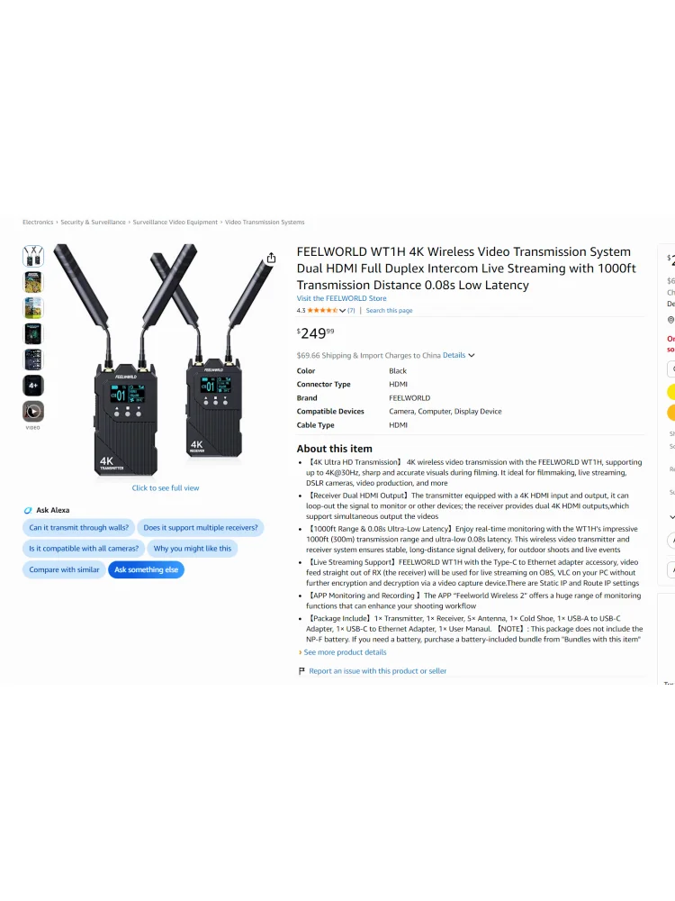 FEELWORLD WT1H 1000FT 4K HDMI Wireless Video Transmission System Dual HDMI Full Duplex Intercom Live Streaming APP Monitoring