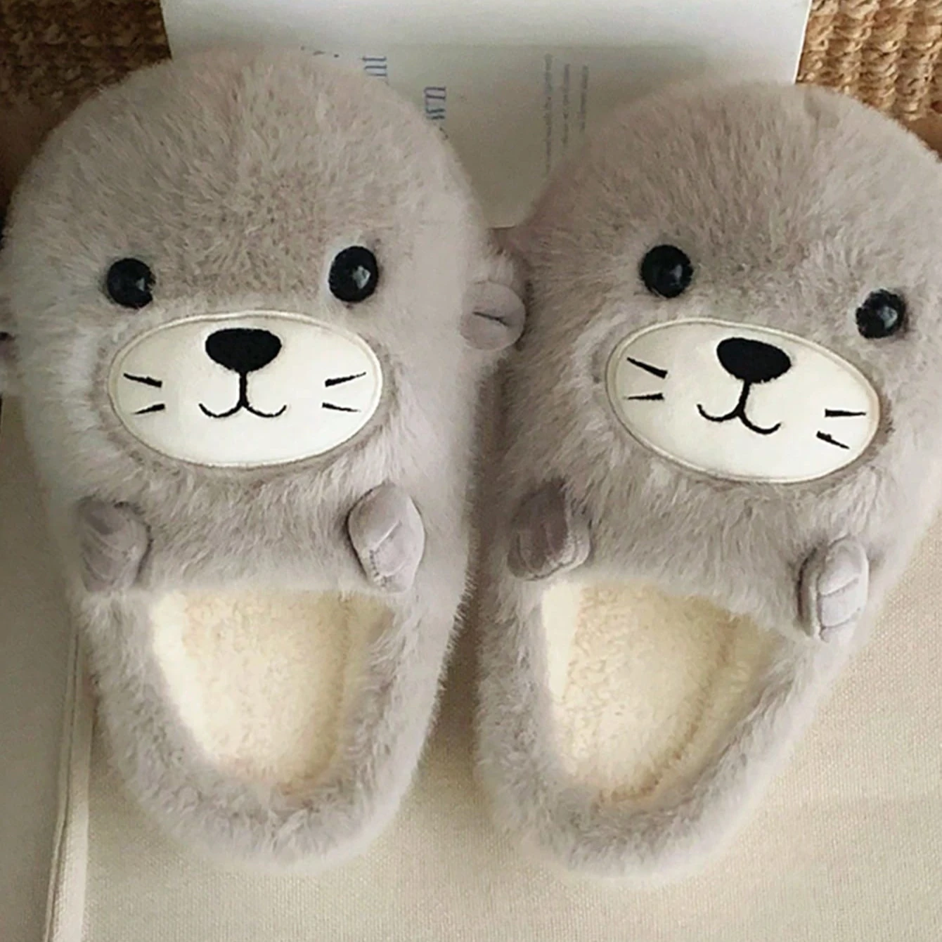 Women House Fur Slippers Casual Cute 3D-shaped Lovely Sea lion pup Design Grey Winter Indoor Non-slip Warm Soft Soles Comfy Home