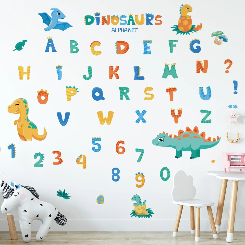 Cartoon Dinosaur Alphabet Removable Wall Stickers Letter Digit for Early education Kindergarten Nursery Kids Baby Room PVC Decal