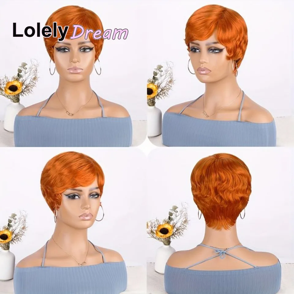 Lolely Dream Machine Made Women Short Orange Ginger 100%  Human Hair Wig with Bangs Remy Straight Wig Layered Pixie Cut Bob Wig image 2