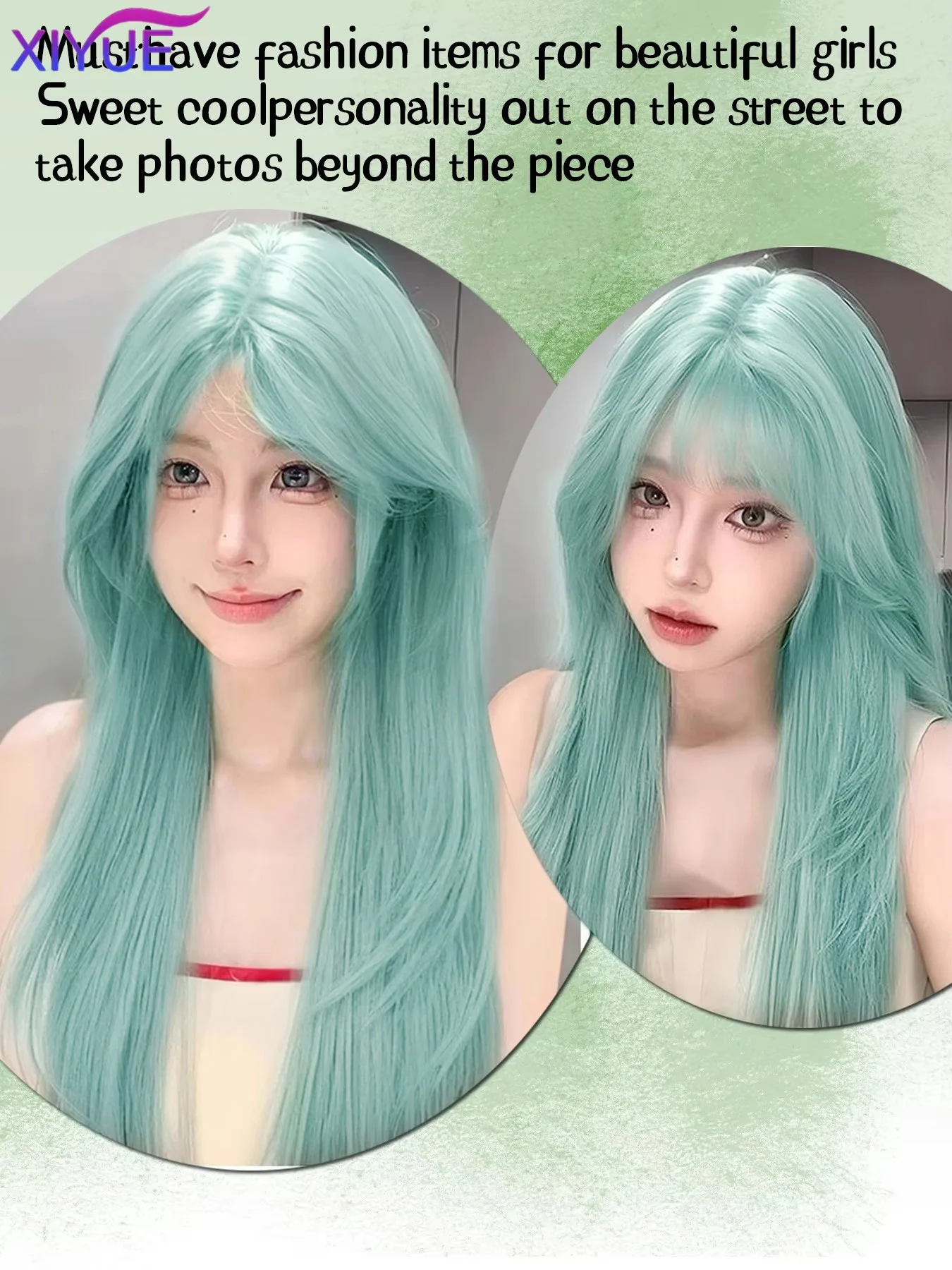 XIYUE Light Green Long Wavy Synthetic Wigs with Bangs Light Green Cosplay Wig for Women Lolita Wig Heat Resistant Natural Hair