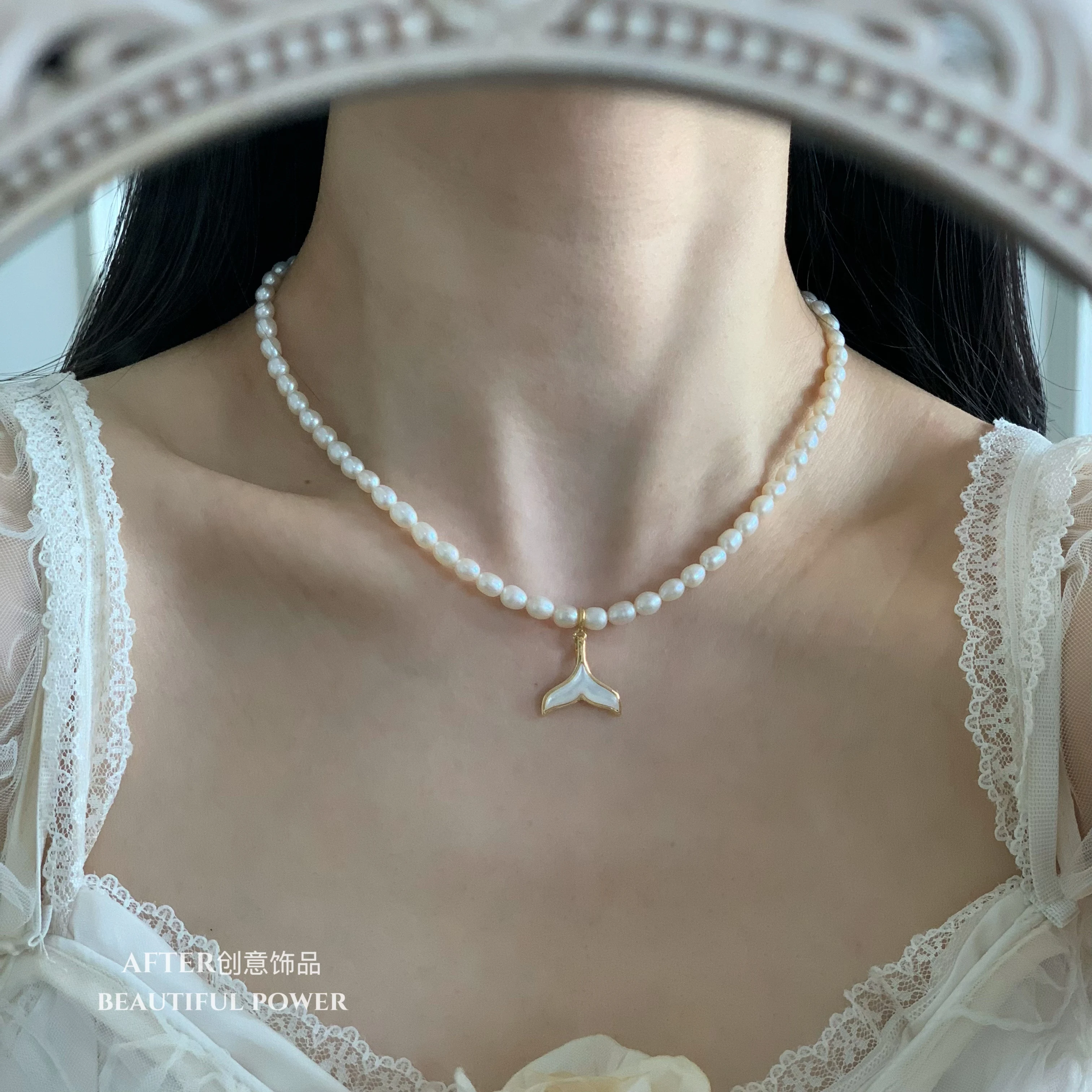 Natural Mother of Pearl Mermaid Tail Dolphin Pendant Necklace Detachable Charm Layering Jewelry Gift for Women