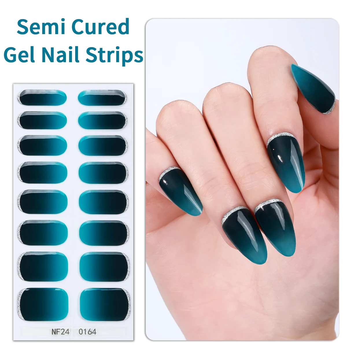 

16Tips French Gradient Semi Cured Gel Nail Strips Solid Color Adhesive Gel Nail Stickers Gel UV Nail Wraps Sliders for Manicure