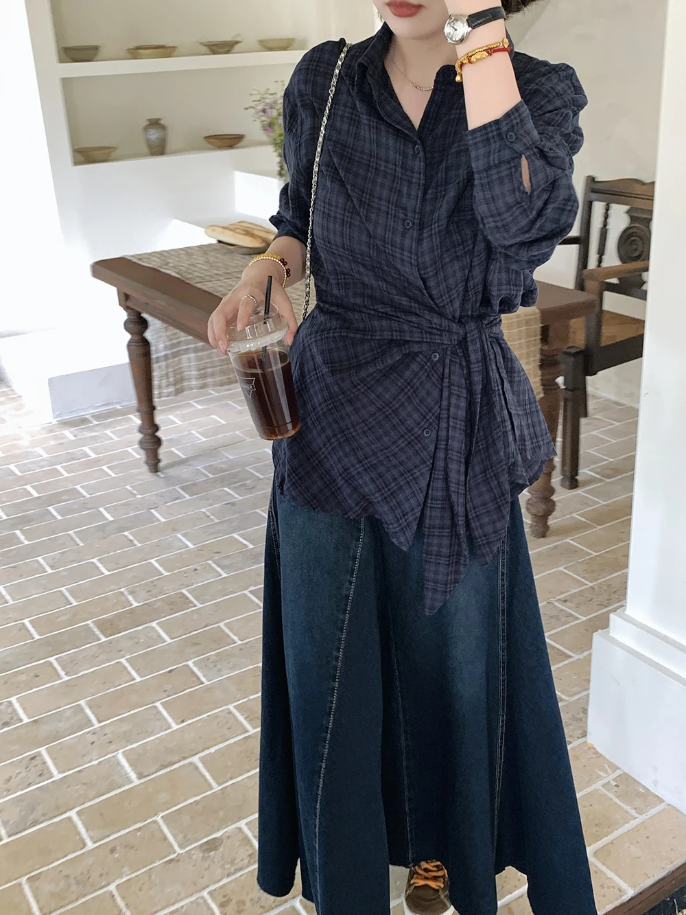 

Женская рубашка ELINSU в клетку с длинным рукавом, свободного кроя, универсальная, для офиса, весна-осень, из чистого хлопка, с воротником, на пуговицах