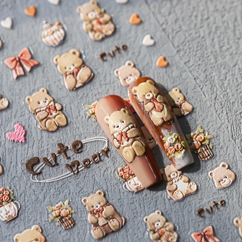 Lovely Cartoon Bear Bowknot Pretty Flower 5D Soft Embossed Reliefs Self Adhesive Nail Art Stickers Cute 3D Manicure Tool Decals