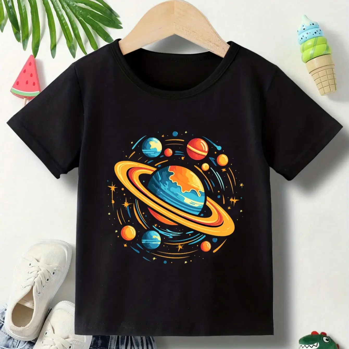 Kids Space Planet Print Short Sleeve T‑Shirt Boys Cartoon Universe Graphic Tee Casual Children Tops