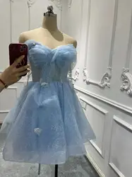 NA66 Customized Real Picture Sky Blue Short Prom Dresses Off Shoulder Pearl Sexy Mini Cocktail Party Dress Homecoming Graduation