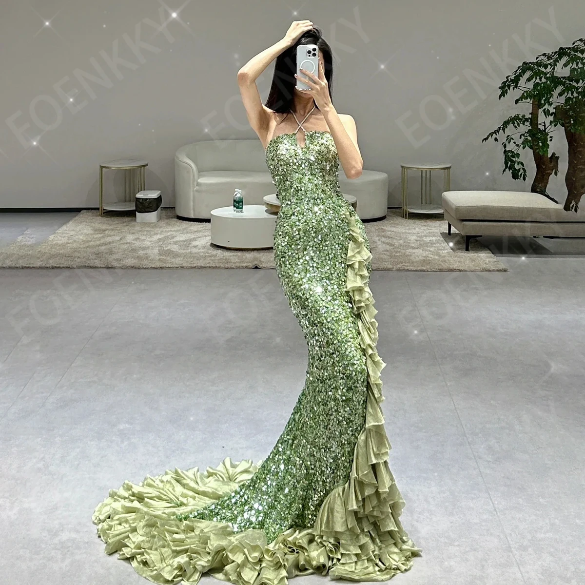 

EOENKKY Роскошное вечернее платье русалки с блестками и лямкой на шее платья для особых случаев многоуровневое платье без рукавов по индивидуальному заказу Роскошное русалка вечернее платье искренние палетки Halter спе