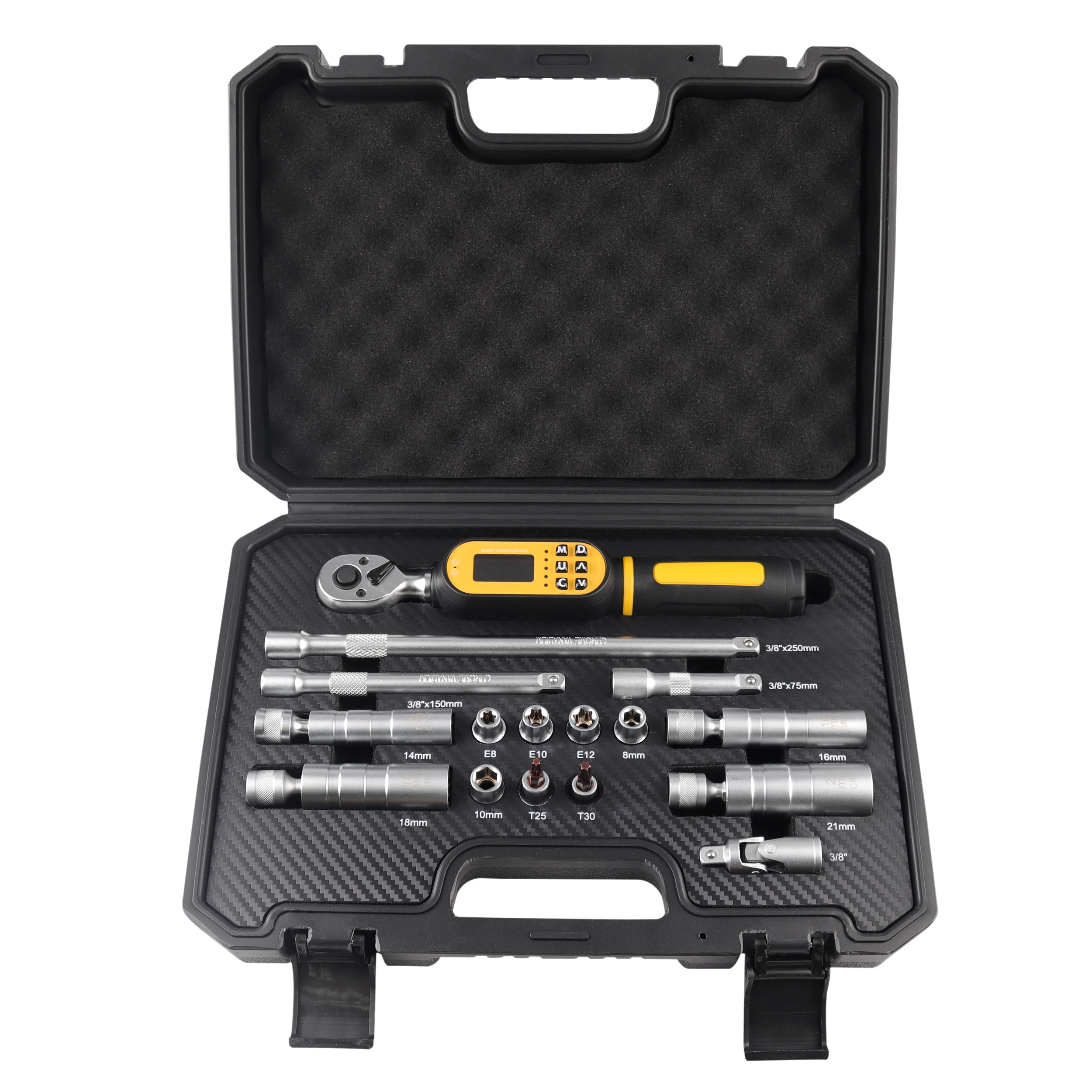 Waxtron 3/8'' digitale momentsleutel met hoekindicator, 3-60 N.m, 16-delige set, nauwkeurigheid ±2%, geschikt voor het aanpassen van de moments van bougies bij fietsen, motoren en auto's.