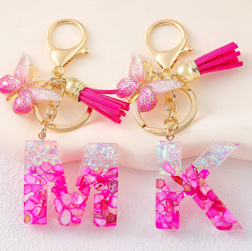 Rosy Tassel Letter Keychain Exquisite Butterfly Pendant A-Z Alphabet Keyring for Women Girls Handbag Decor Jewelry Accessories