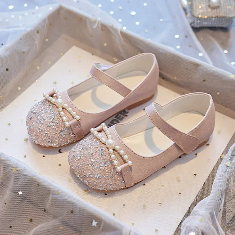 New Children Leather Shoes Rhinestone Pearl Princess Girls Party Shoes Fashion Student Kids Performance Flats Shoes Hook & Loop