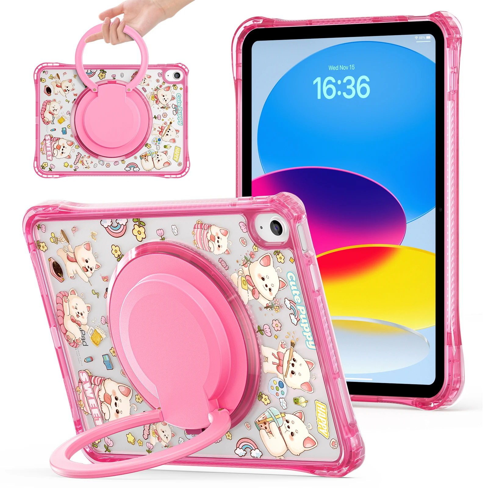 

For iPad (2025) / iPad 10.9 (2022) Case Hand Grip Kickstand Pattern PC + TPU + Acrylic Tablet Cover - Pink
