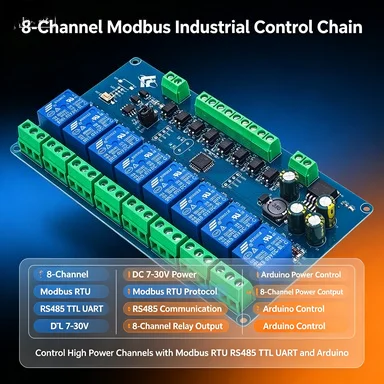 8-Way Modbus RTU Relay Board, RS485 TTL UART, 8-Ch I/O, DC 7-30V for Arduino