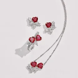 Romantic Peach Heart Earrings Zircon Red Ring Love Necklace Women Elegant 925 Sterling Silver Jewelry Set Fashion Gift KOFSAC