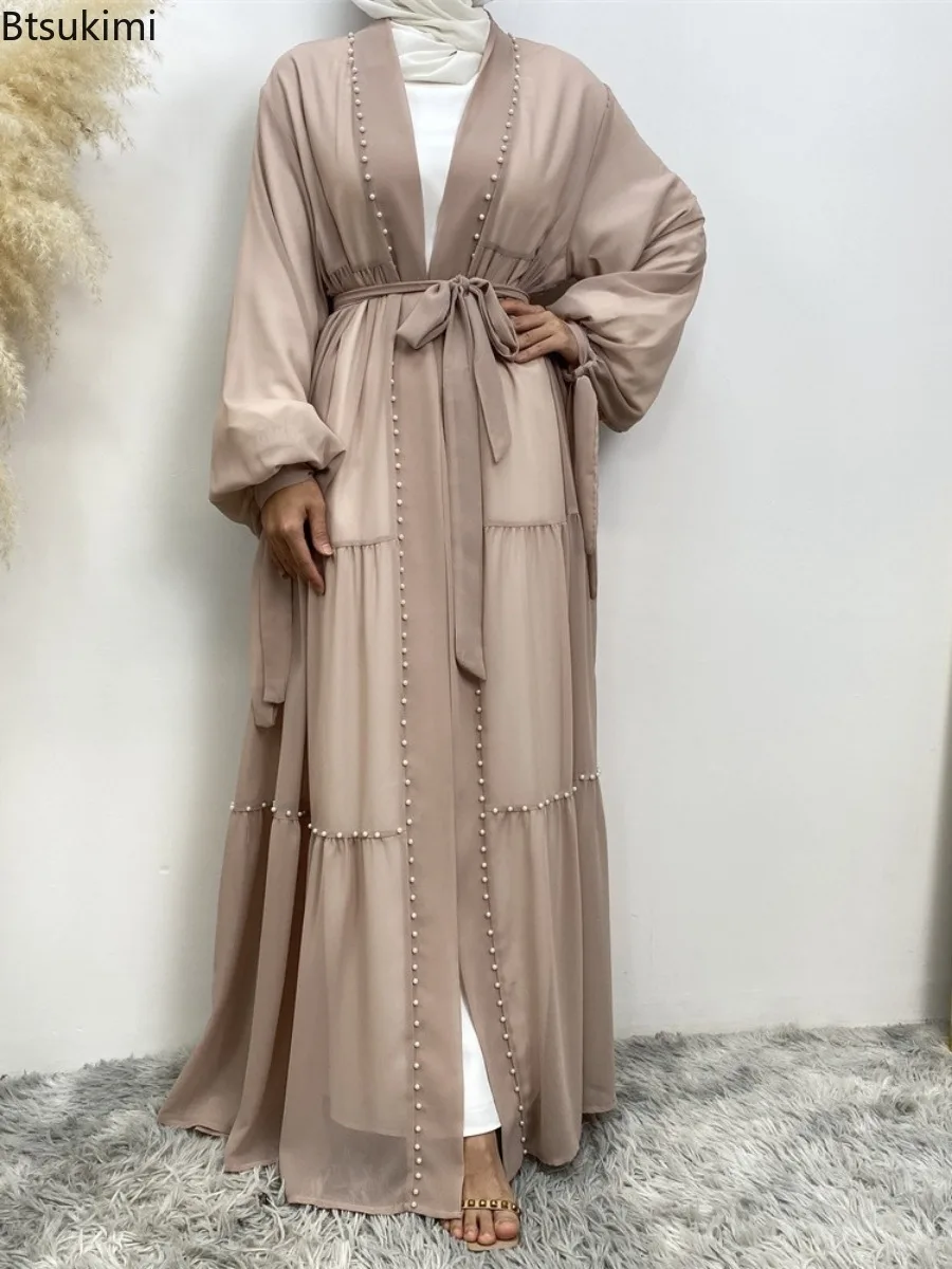 

New Fashion Muslim Chiffon Cardigan Robe Women Solid Abaya Maxi Dress Islamic Dubai Beading Mubarak Prayer Clothes Turkey Kaftan