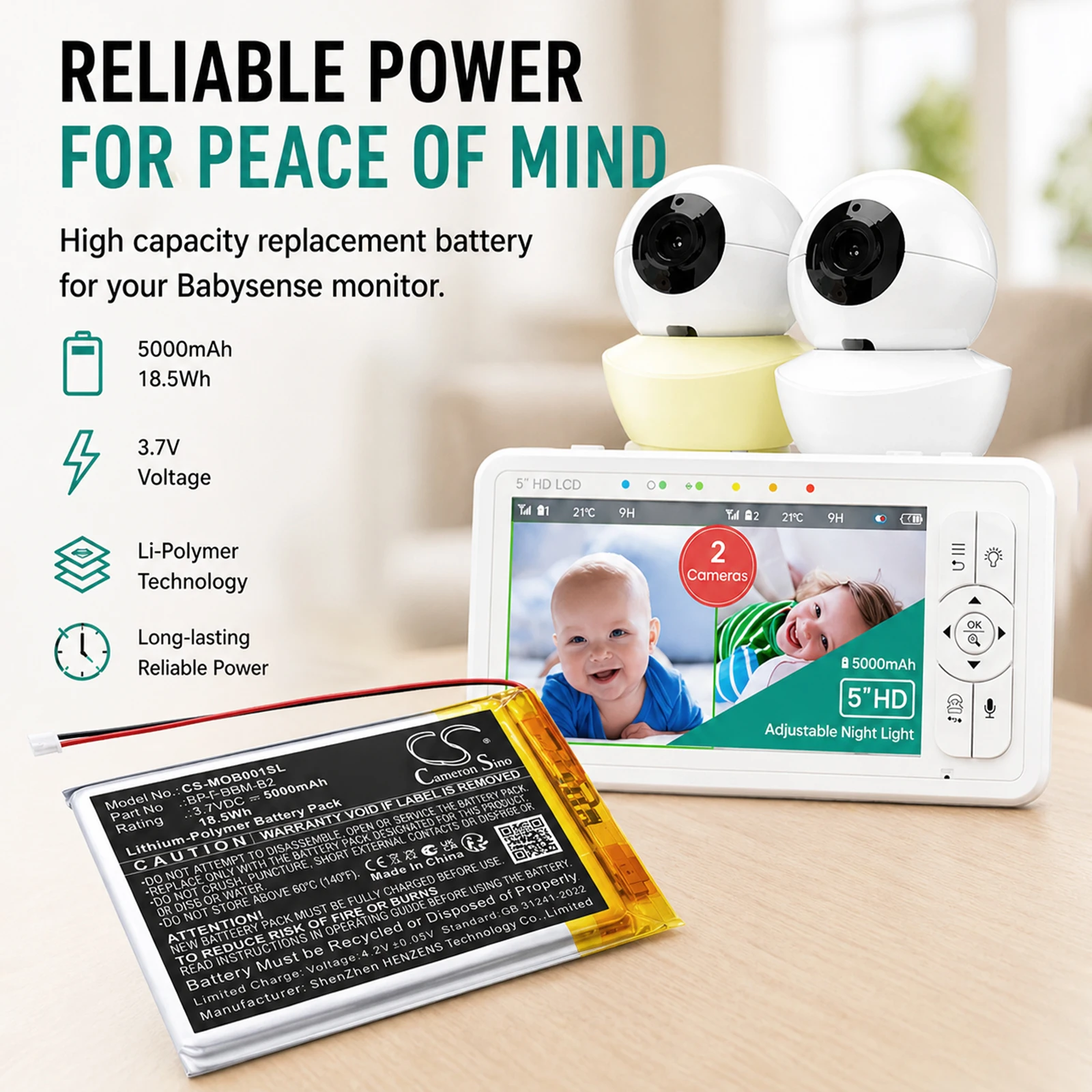Replacement 3.7V 5000mAh Battery for Bonoch BBM03, BBM05, MegaView Baby Monitor 7 BBM01, For Momcozy BM01, For Babysense HD S2