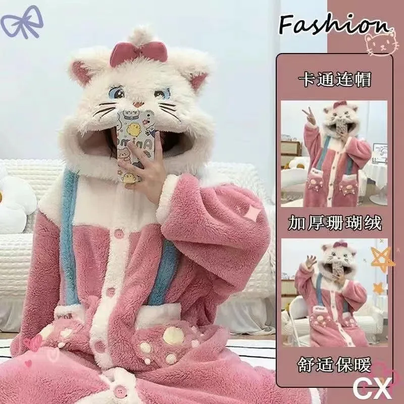 Sanrio Hello Kitty Pigiama Cartoon Flanella Abito da notte Autunno Inverno Donna Camicie da notte Casa Camicia da notte Vestiti Abito caldo Pigiama Regalo