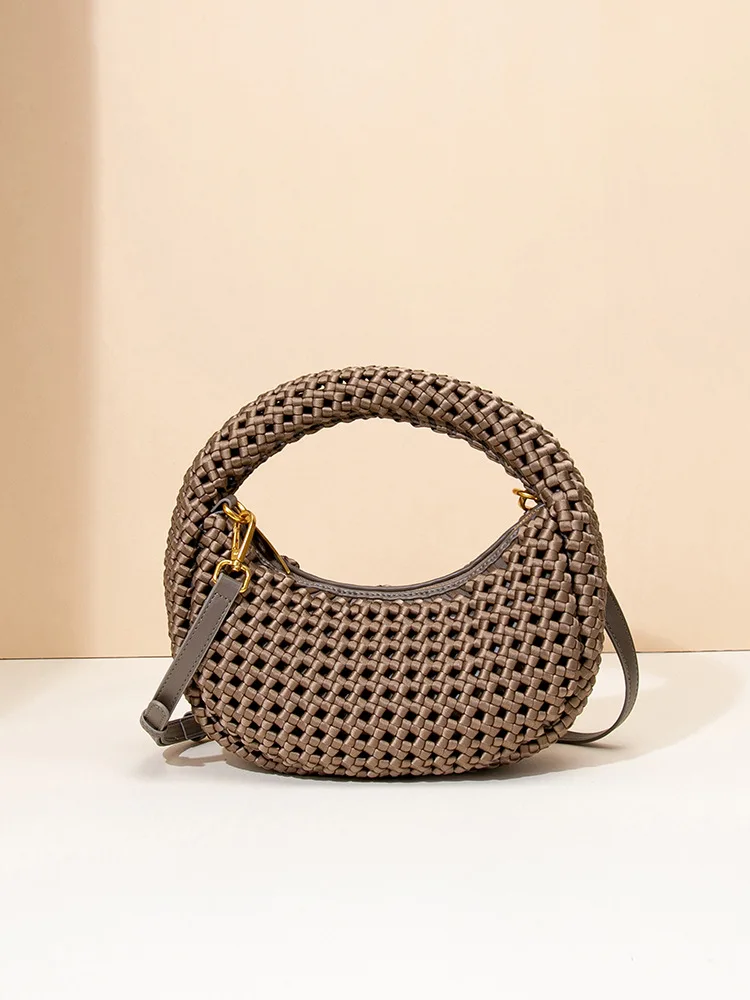 

New Women's Handbag Diving Cloth Woven Crescent Bag Niche Circular Windmill Knot Hollow Shoulder Bag Party Bag