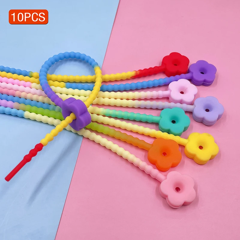 10Pcs Gradient Color Flower Star Silicone Cable Organizer Pengikat Kabel Cable Kabel Ties Cord Holder DIY Keychain Accessories