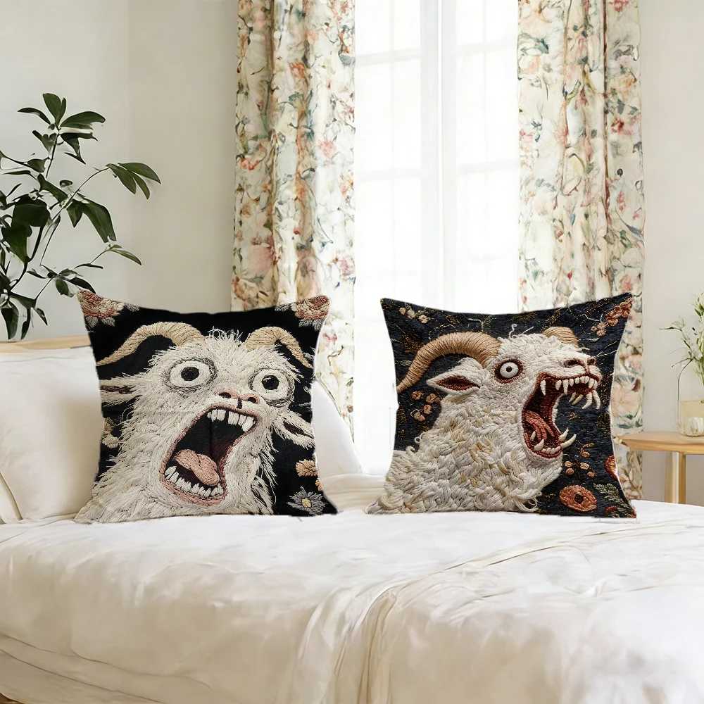 Spooky Goat Face 2D Cute Cushion Cover for Pillow Printing Sofa Decoration Home Car Room Coffee Shop Office Nordic Simplicity