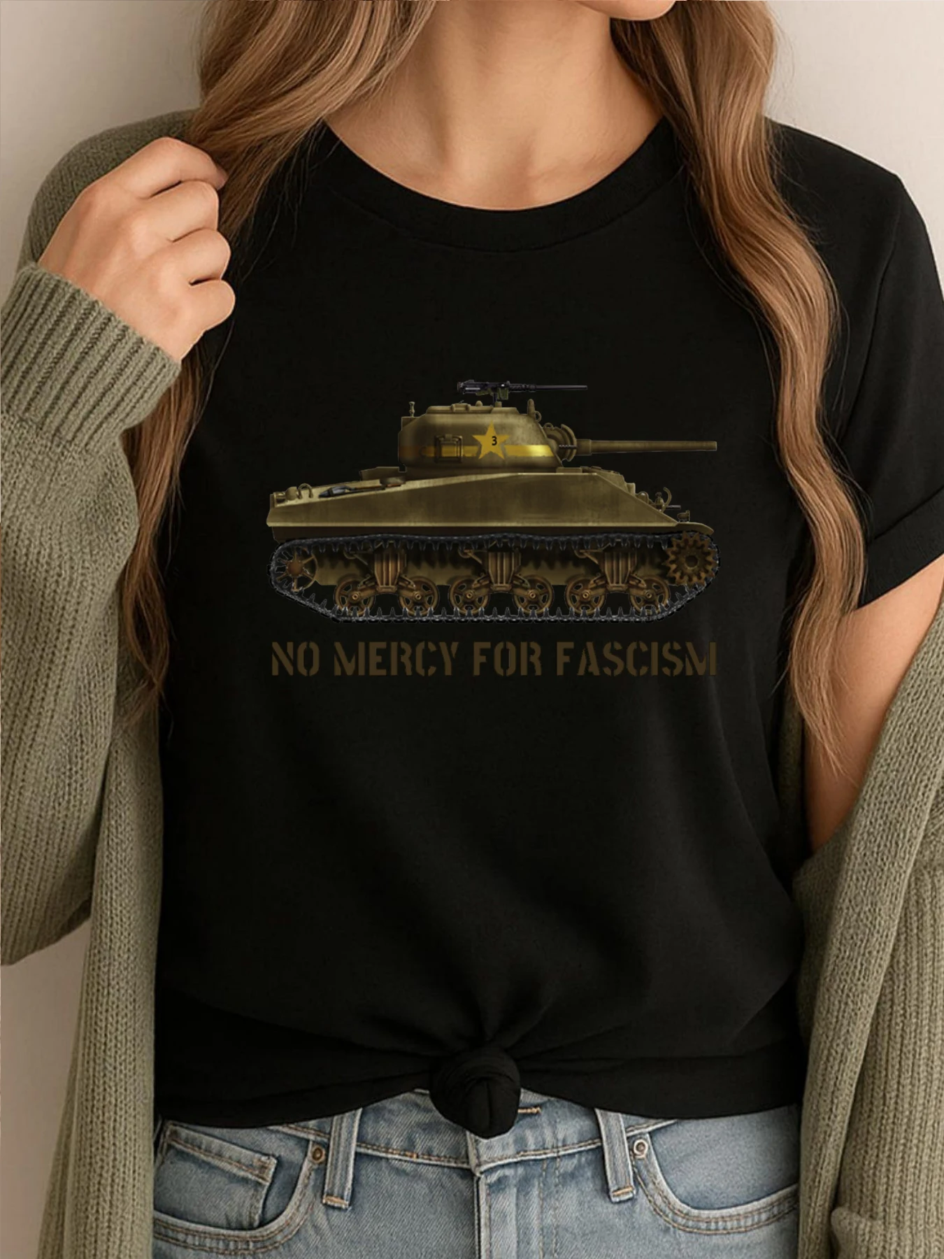 

Sherman Tank No Mercy For Fascism Графические футболки Мужская классическая модная рубашка Футболки с принтом Мужская дизайнерская одежда