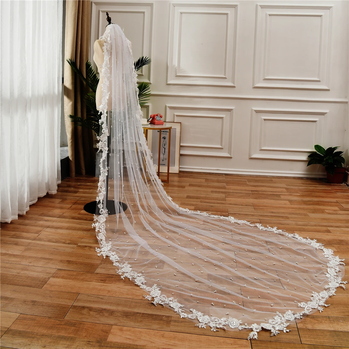 75-350cm branco/marfim pérolas véu de noiva com comprimento da catedral do pente com borda do laço applique velos de noiva véu de noiva do casamento