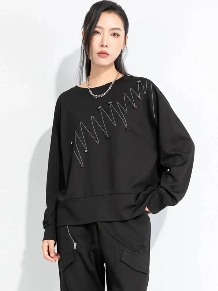 3d Women Black Topstitched Big Size Casual T-shirt New Round Neck Long Sleeve Fashion  Spring Autumn 2026 3WMB