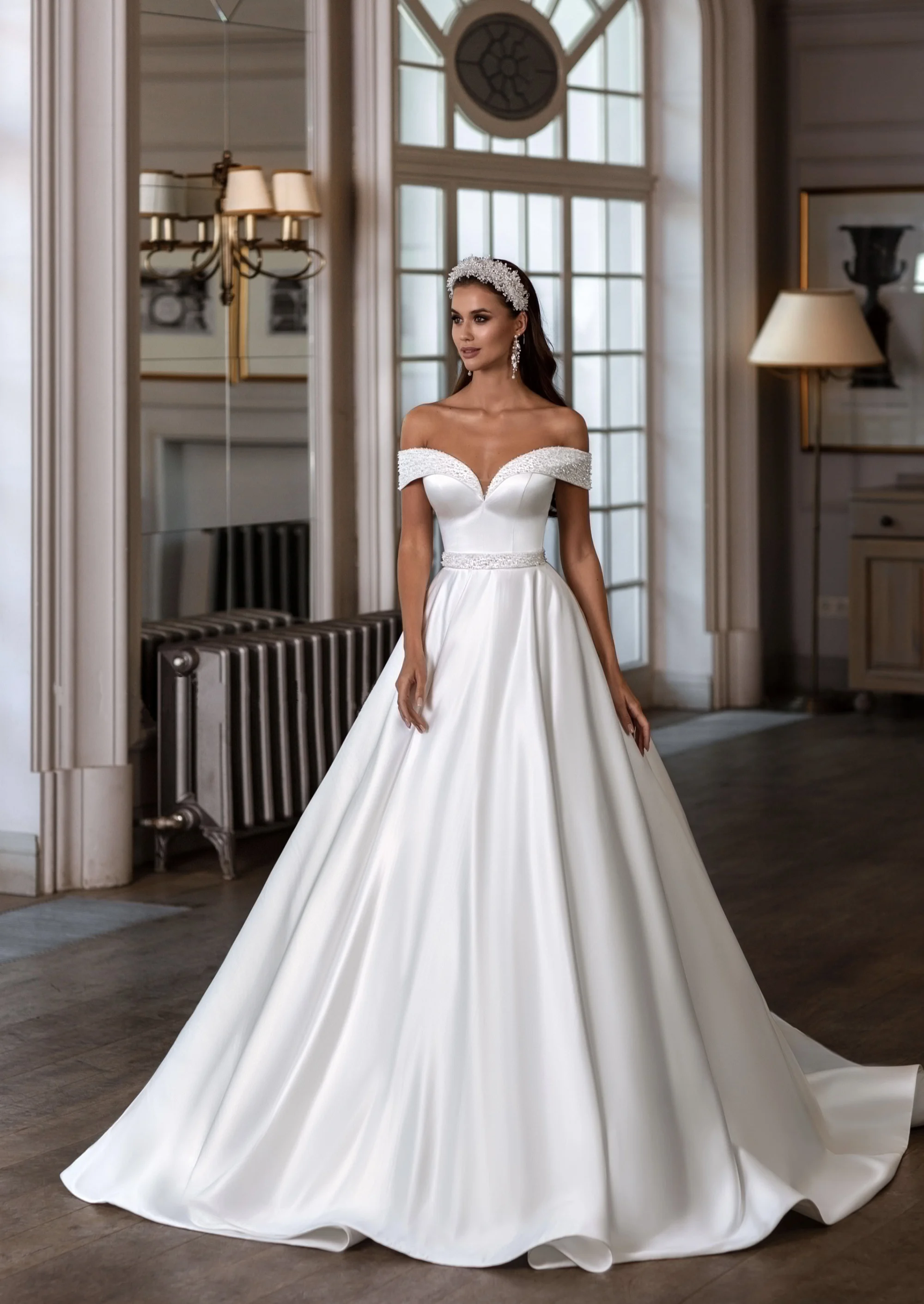 Eleganckie suknie ślubne z odkrytymi ramionami, zdobione koralikami, z szarfami, o kroju litery A, długie suknie ślubne dla kobiet, suknie na przyjęcia, suknie wieczorowe 2025