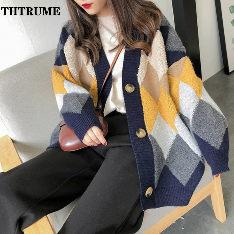 Puff Sleeve Elegant Women Sweater Fashion Patchwork Oversized Single Breasted Oversized Jumper Casual Autumn Winter Top Cardigan