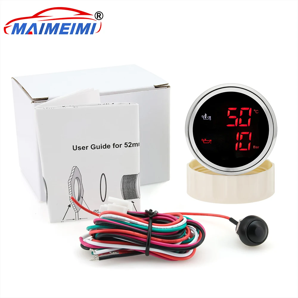 

52mm Digital pointer Gauge 2 in 1 Car Gauge Oil Temperature Meter +Oil Pressure Gauge with Alarm Red Backlight for 12/24V