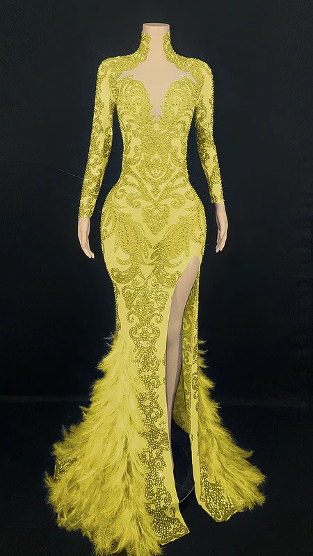 Diamond Birthday Dress Ladies Rose Feather High Split Party Ladies Evening Dress Elegant Shine Vestido Cerimônia Mulher Elegante