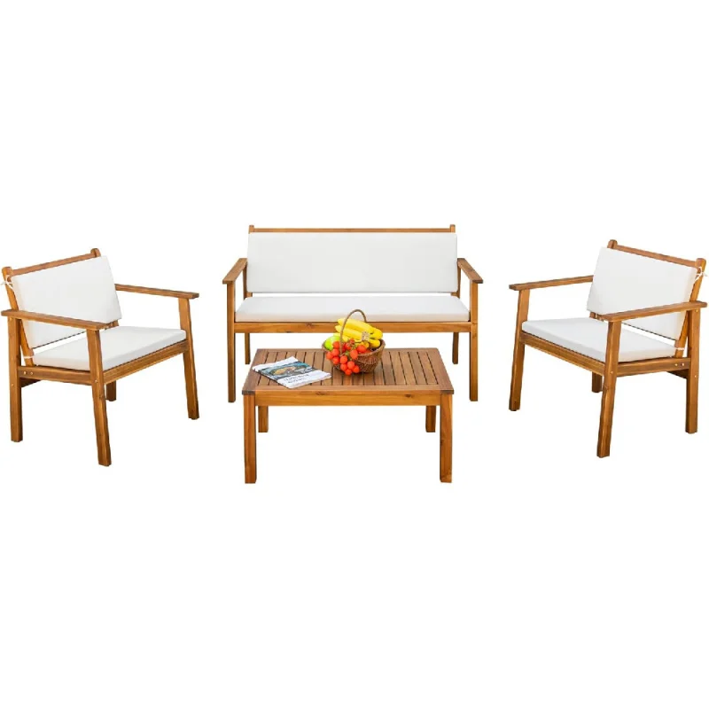 

Patio Furniture 4 Piece Acacia Wood Outdoor Conversation Sofa Set with Table & Cushions Porch Chairs for Garden,