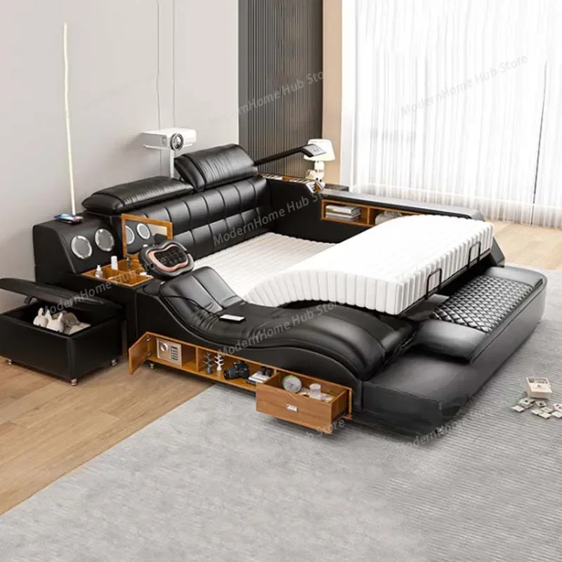 Nordic Modern Double Bed Frame Leather Black Massage Luxury Bed Comforter Multifunctional Lozko Wielofunkcyjne Furniture Home