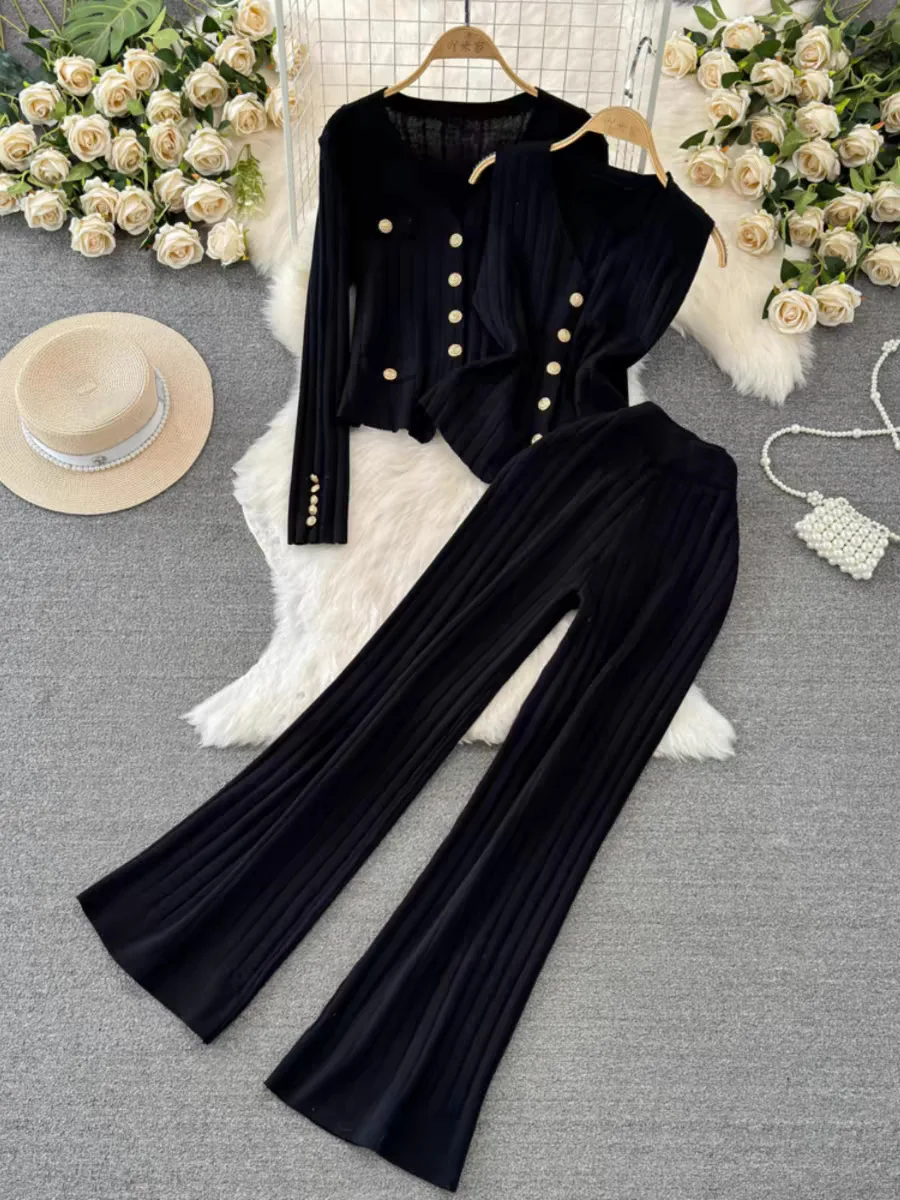 2024 New Autumn Winter Women\'s Knitted 3 Pieces Sets Single Breasted Cardigan+Tank Top+High Waist Wide Leg Long Pants Suits