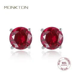 Monkton Real 925 Sterling Silver Stud Earrings for Women Round Princess Cut Ruby Emerald Gemstone Earrings Ladies Jewelry Gift