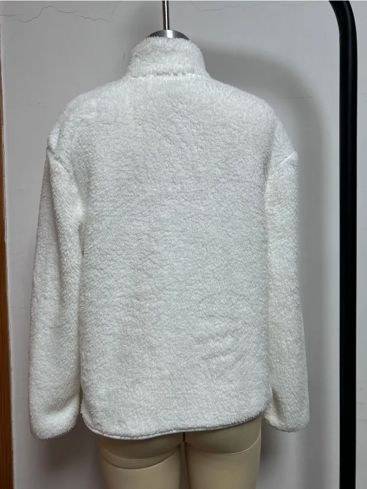 Chaqueta corta blanca de piel sintética para mujer, abrigos holgados de felpa con cremallera, chaquetas peludas de manga larga, abrigo esponjoso cálido y elegante para invierno