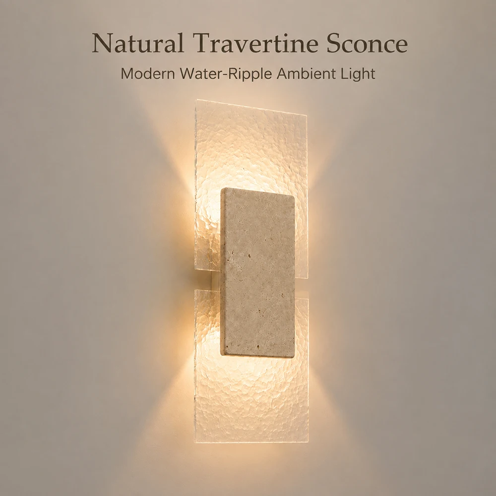 Wabi-sabi Natural Travertine Wall Lamp Modern Water Ripple Acrylic Wall Sconce Luxury Up Down Ambient Light for Bedside Corridor