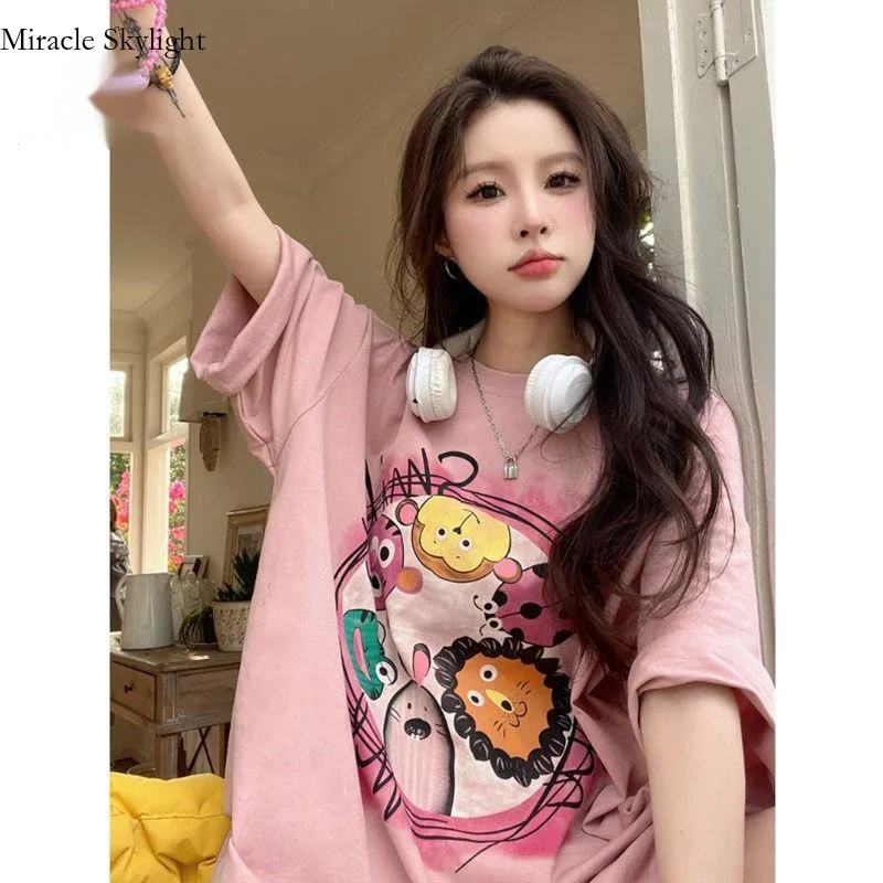 

100% Pure Cotton Short Printed Summer New Korean Cartoon Casual Loose T-shirt Women's Versatile Half Sleeved Top