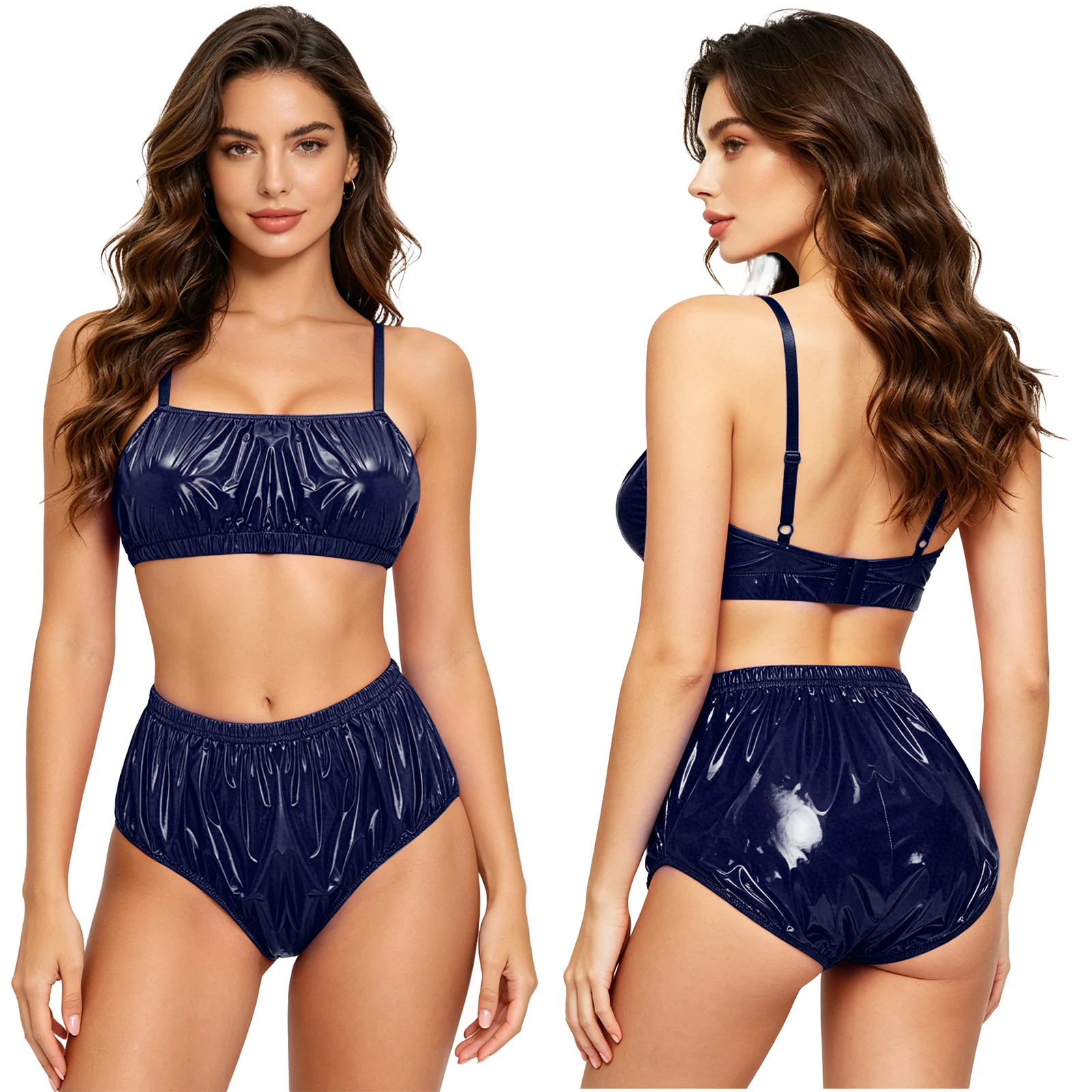 

Женский глянцевый водонепроницаемый комплект нижнего белья: бикини, купальник, ночная одежда, клубная одежда, топ-бюстгальтер без чашечек с плавательными шортами для пляжа и бассейна